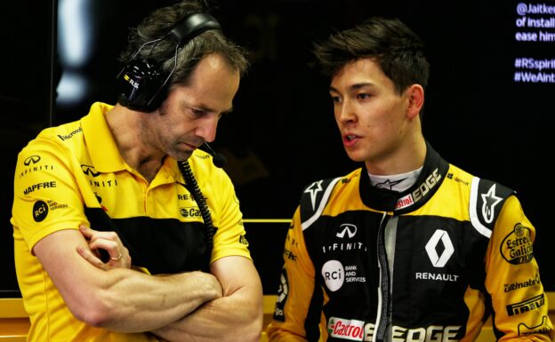 Ciaron Pilbeam Renault Sport F1 Team Chief Race Engineer with Jack Aitken Renault Sport F1 Team Test and Reserve Driver. Formula One In Season Testing, Day 2, Wednesday 16th May 2018. Barcelona, Spain.