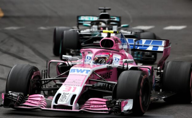 Esteban Ocon (FRA) Sahara Force India F1 VJM11 & Lewis Hamilton Mercedes. Monaco Grand Prix, Sunday 27th May 2018. Monte Carlo, Monaco.