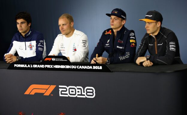 The Drivers Press Conference with Lance Stroll of Williams, Valtteri Bottas of Mercedes GP, Max Verstappen of Red Bull Racing and Stoffel Vandoorne of McLaren F1 during previews ahead of the Canadian Formula One Grand Prix at Circuit Gilles Villeneuve on June 7, 2018 in Montreal, Canada.