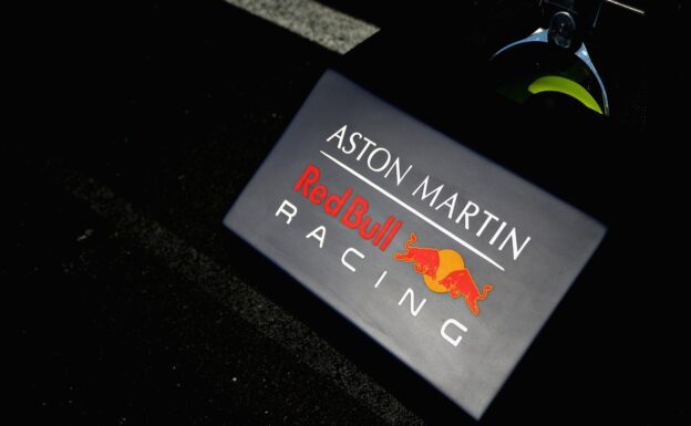 Aston Martin Red Bull Racing branding on the front pitstop jack is seen in the Pitlane during previews ahead of the Formula One Grand Prix of France at Circuit Paul Ricard on June 21, 2018 in Le Castellet, France.