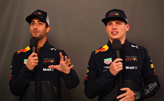 Max Verstappen of Netherlands and Red Bull Racing and Daniel Ricciardo of Australia and Red Bull Racing talk to the media during previews ahead of the Formula One Grand Prix of Austria at Red Bull Ring on June 28, 2018 in Spielberg, Austria.