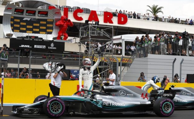 Lewis Hamilton celebrates his 75th pole in the pitlane of Paul Ricard circuit, France