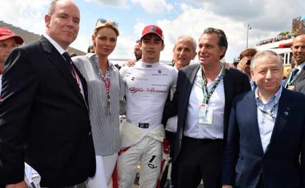 Charles Leclerc (MON) Alfa Romeo Sauber F1 Team on the grid with HSH Prince Albert of Monaco (MON), Princess Charlene of Monaco, Charlene Wittstock (RSA) and Jean Todt (FRA) FIA President at Formula One World Championship, Rd8, French Grand Prix, Race, Paul Ricard, France, Sunday 24 June 2018.