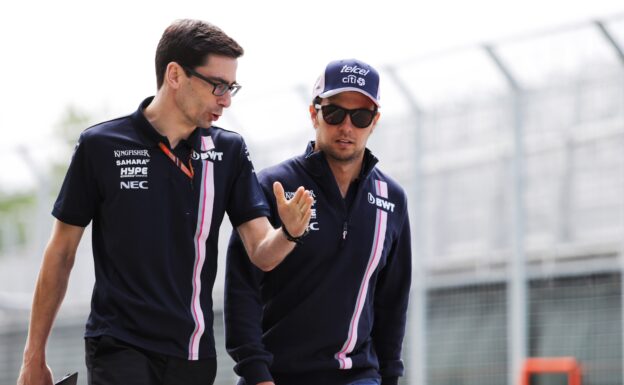 Sergio Perez (MEX) Sahara Force India F1 walks the circuit with Tim Wright (GBR) Sahara Force India F1 Team Race Engineer. Canadian Grand Prix, Thursday 7th June 2018. Montreal, Canada.