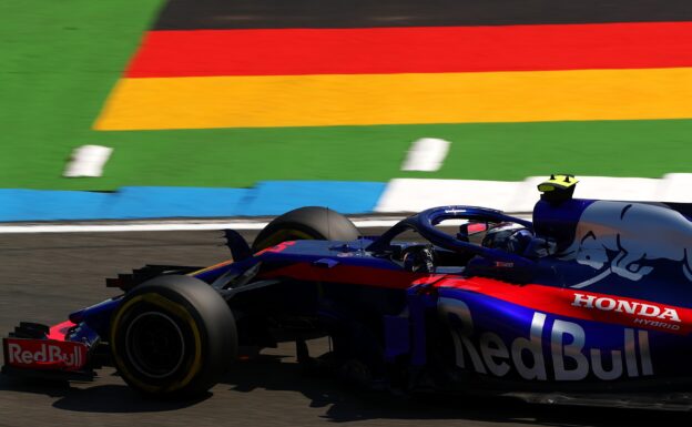 Pierre Gasly of France and Scuderia Toro Rosso driving the (10) Scuderia Toro Rosso STR13 Honda on track during practice for the Formula One Grand Prix of Germany at Hockenheimring on July 20, 2018 in Hockenheim, Germany.