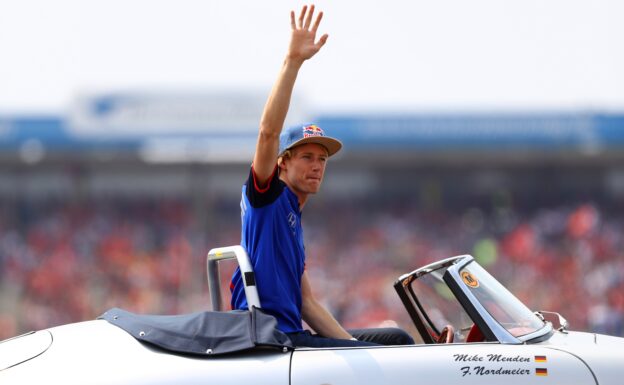 Brendon Hartley of New Zealand and Scuderia Toro Rosso waves to the crowd on the drivers parade before the Formula One Grand Prix of Germany at Hockenheimring on July 22, 2018 in Hockenheim, Germany.