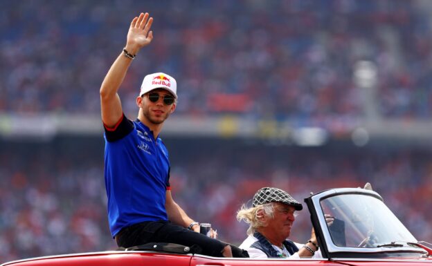 Pierre Gasly of France and Scuderia Toro Rosso waves to the crowd on the drivers parade before the Formula One Grand Prix of Germany at Hockenheimring on July 22, 2018 in Hockenheim, German