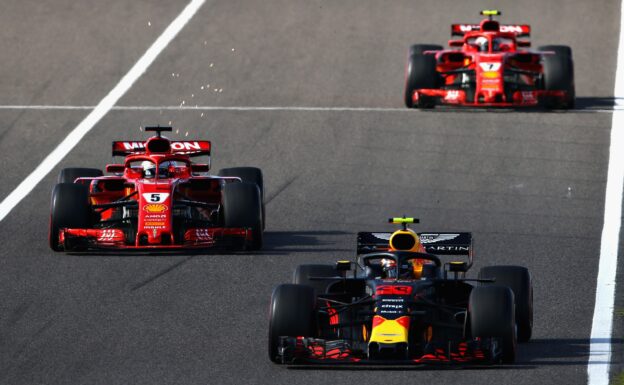 Max Verstappen leads Sebastian Vettel on track during the Formula One Grand Prix of Japan at Suzuka Circuit on October 7, 2018 in Suzuka.