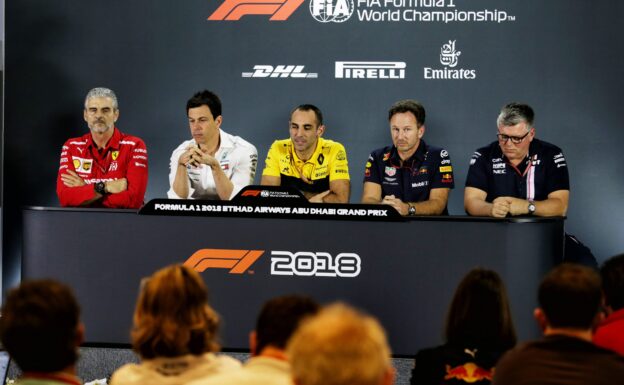 The FIA Press Conference (L to R): Maurizio Arrivabene (ITA) Ferrari Team Principal; Toto Wolff (GER) Mercedes AMG F1 Shareholder and Executive Director; Cyril Abiteboul (FRA) Renault Sport F1 Managing Director; Christian Horner (GBR) Red Bull Racing Team Principal; and Otmar Szafnauer (USA) Racing Point Force India F1 Team Principal and CEO. Abu Dhabi Grand Prix, Friday 23rd November 2018. Yas Marina Circuit, Abu Dhabi, UAE.