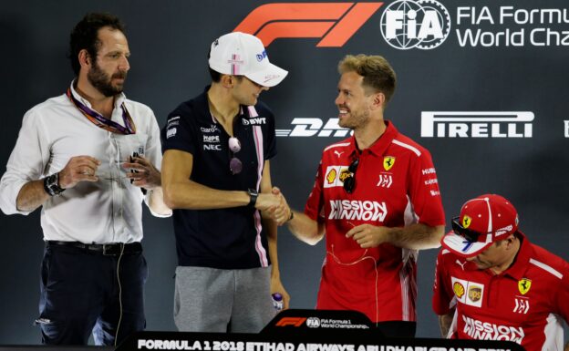 Matteo Bonciani (ITA) FIA Media Delegate; Esteban Ocon (FRA) Racing Point Force India F1 Team; Sebastian Vettel (GER) Ferrari; and Kimi Raikkonen (FIN) Ferrari, in the FIA Press Conference. Abu Dhabi Grand Prix, Thursday 22nd November 2018. Yas Marina Circuit, Abu Dhabi, UAE.