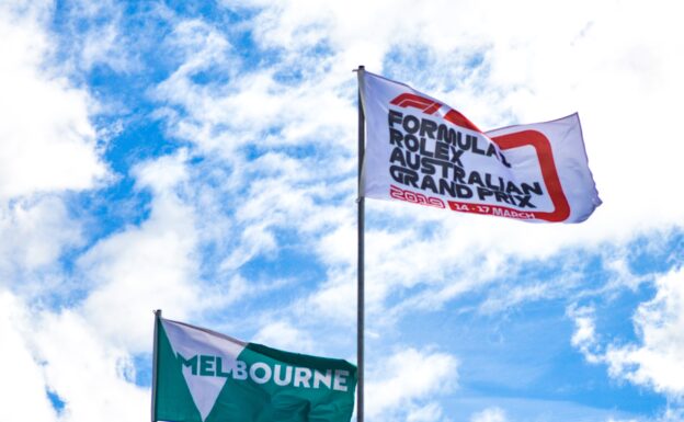 Flags above the pit lane during the Australian GP at Melbourne Grand Prix Circuit on March 12, 2019 in Melbourne Grand Prix Circuit, Australia.