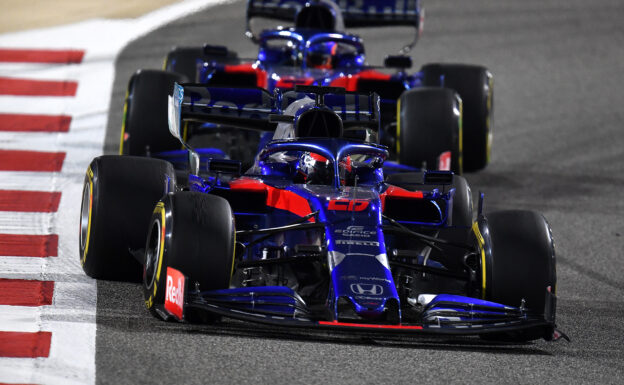 Daniil Kvyat driving the (26) Scuderia Toro Rosso STR14 Honda leads Alexander Albon of Thailand driving the (23) Scuderia Toro Rosso STR14 Honda on track during the F1 Grand Prix of Bahrain at Bahrain International Circuit on March 31, 2019 in Bahrain, Bahrain. (Photo by Clive Mason/Getty Images)