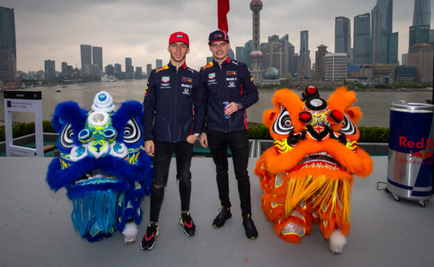 Max Verstappen of Netherlands and Red Bull Racing and Pierre Gasly of France and Red Bull Racing take part in a Red Bull activation during previews ahead of the F1 Grand Prix of China at Shanghai International Circuit on April 10, 2019 in Shanghai, China.