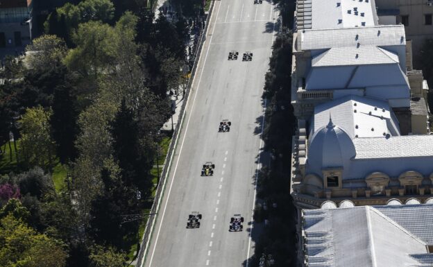 Daniil Kvyat, Toro Rosso STR14, leads Kevin Magnussen, Haas VF-19, Nico Hulkenberg, Renault R.S. 19, and Antonio Giovinazzi, Alfa Romeo Racing C38 during the 2019 Azerbaijan GP