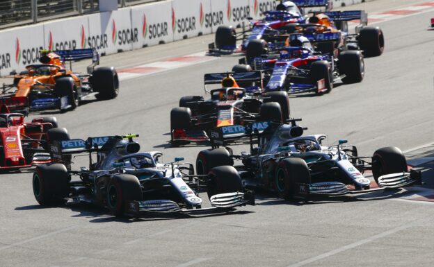 Valtteri Bottas & Lewis Hamilton, Mercedes AMG F1 W10 battle on lap 1 (2019 Azerbaijan F1 GP)