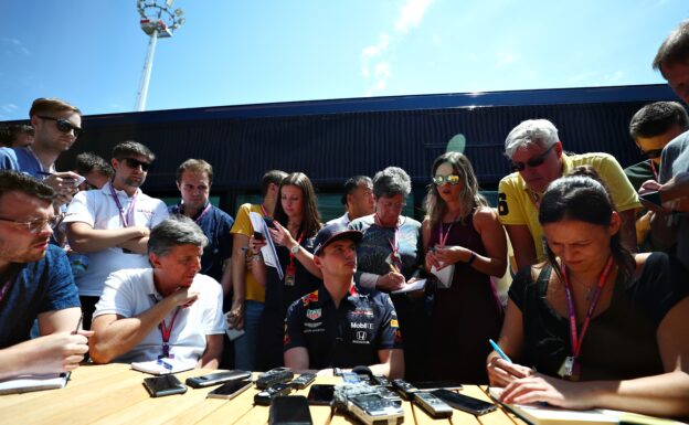 Max Verstappen of Netherlands and Red Bull Racing talks to the media in the Paddock during previews ahead of the F1 Grand Prix of France at Circuit Paul Ricard on June 20, 2019 in Le Castellet, France.